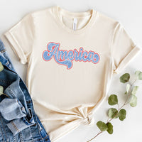 Retro America Script Tee – Vintage Red, White & Blue Graphic T-Shirt - WE502