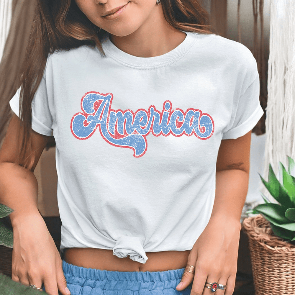 Retro America Script Tee – Vintage Red, White & Blue Graphic T-Shirt - WE502