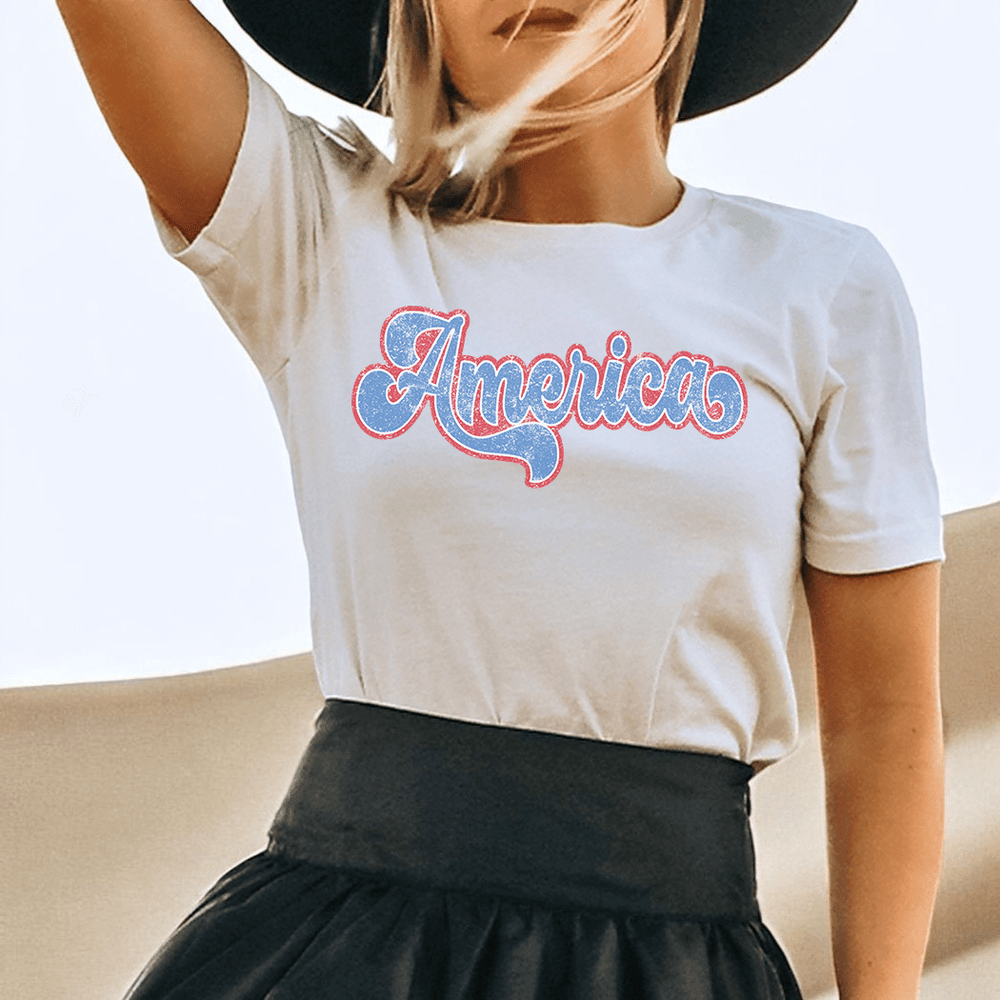 Retro America Script Tee – Vintage Red, White & Blue Graphic T-Shirt - WE502