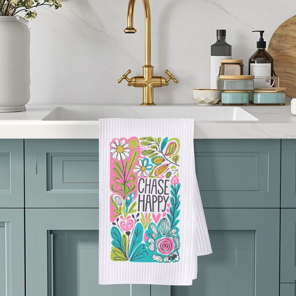 Chase Happy Floral Waffle Weave Microfiber Tea Towel – 16" x 24" Kitchen Decor