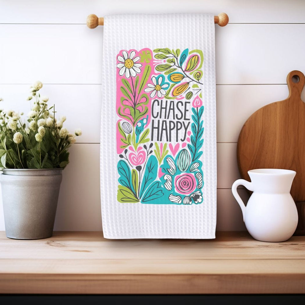 Chase Happy Floral Waffle Weave Microfiber Tea Towel – 16" x 24" Kitchen Decor