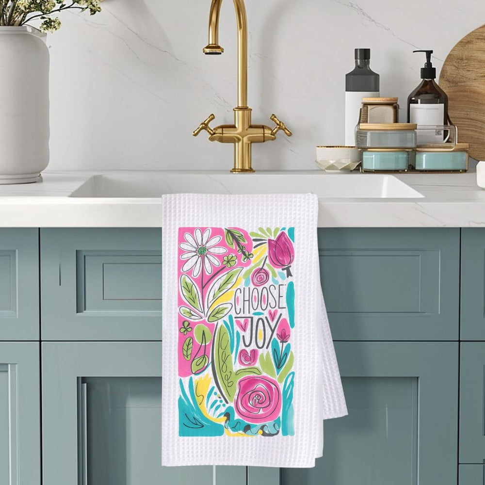 Choose Joy Floral Waffle Weave Microfiber Tea Towel – 16" x 24" Kitchen Decor