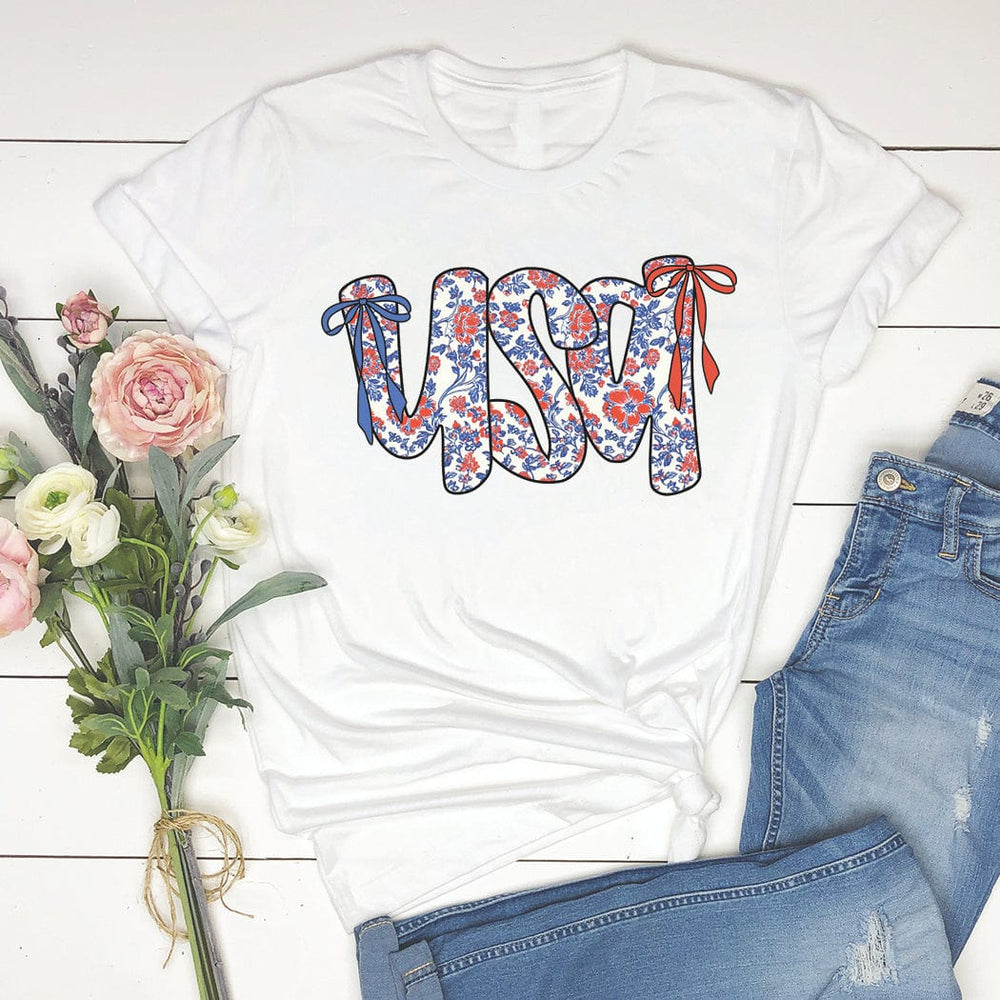 Floral Coquette USA Tee – Patriotic Vintage Bow Graphic T-Shirt for 4th of July - WE503