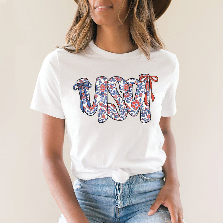Floral Coquette USA Patriotic Graphic T-Shirt - WE503