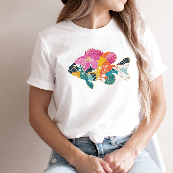 Floral Fish Graphic Tee – Colorful Coastal Art Shirt – Boho Fishing Inspired T-Shirt - SE115