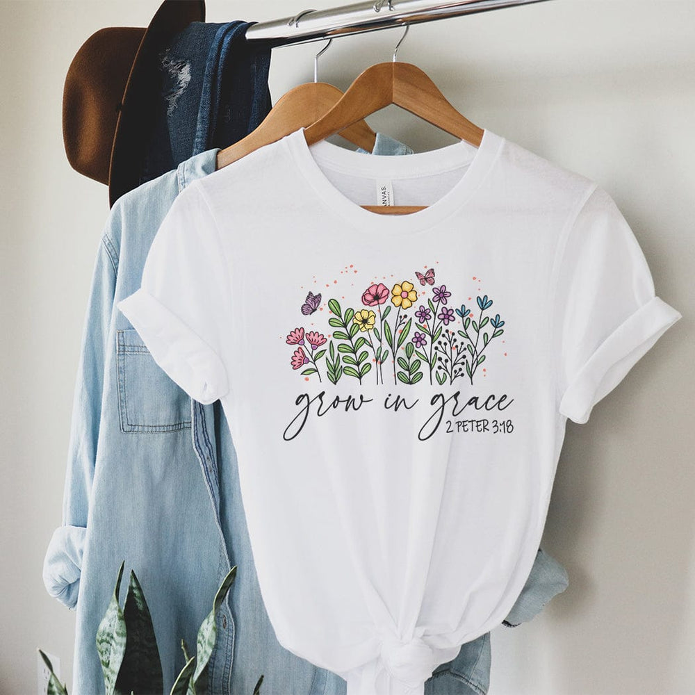 Grow in Grace Floral Christian Tee – Scripture Shirt (2 Peter 3:18) - SP418