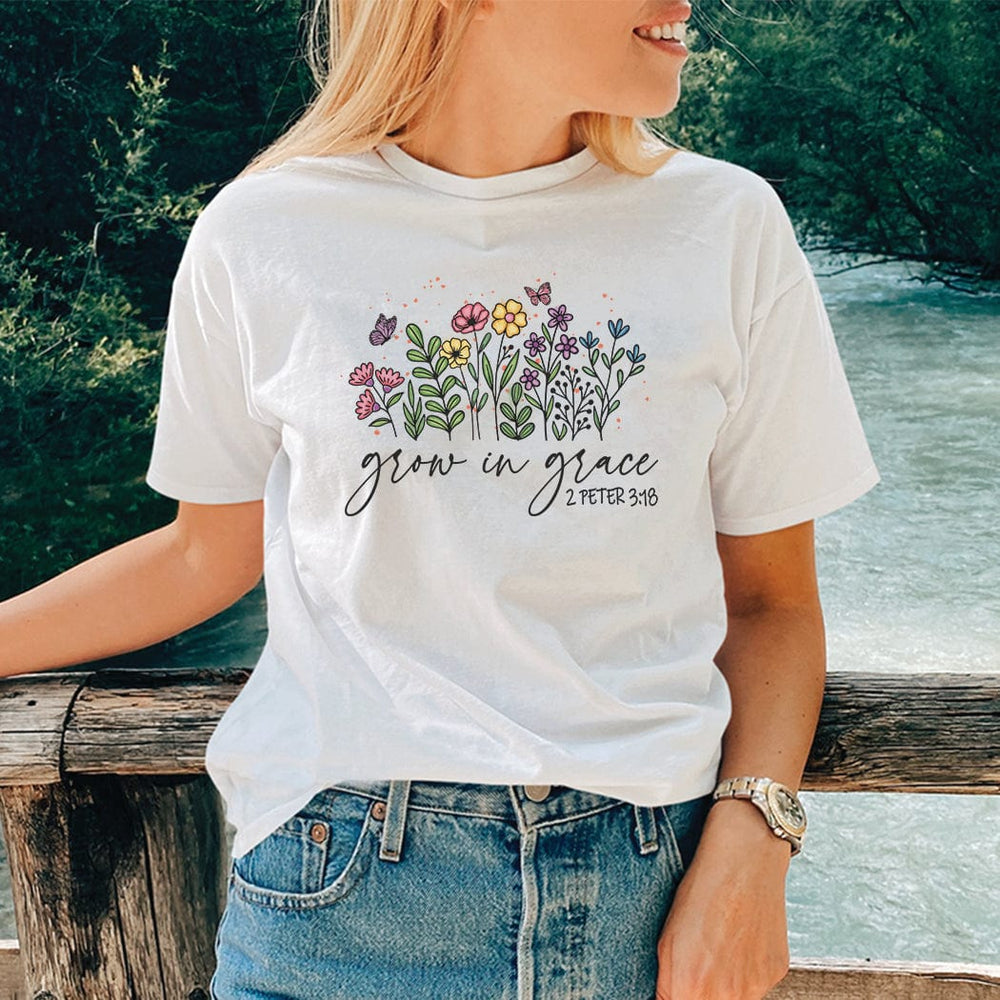 Grow in Grace Floral Christian Tee – Scripture Shirt (2 Peter 3:18) - SP418