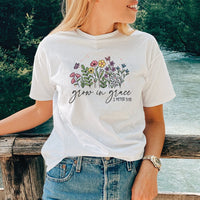 Grow in Grace Floral Christian Tee – Scripture Shirt (2 Peter 3:18) - SP418