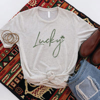 Lucky Script Tee – Minimal St. Patrick’s Day Clover Graphic T-Shirt – HO119