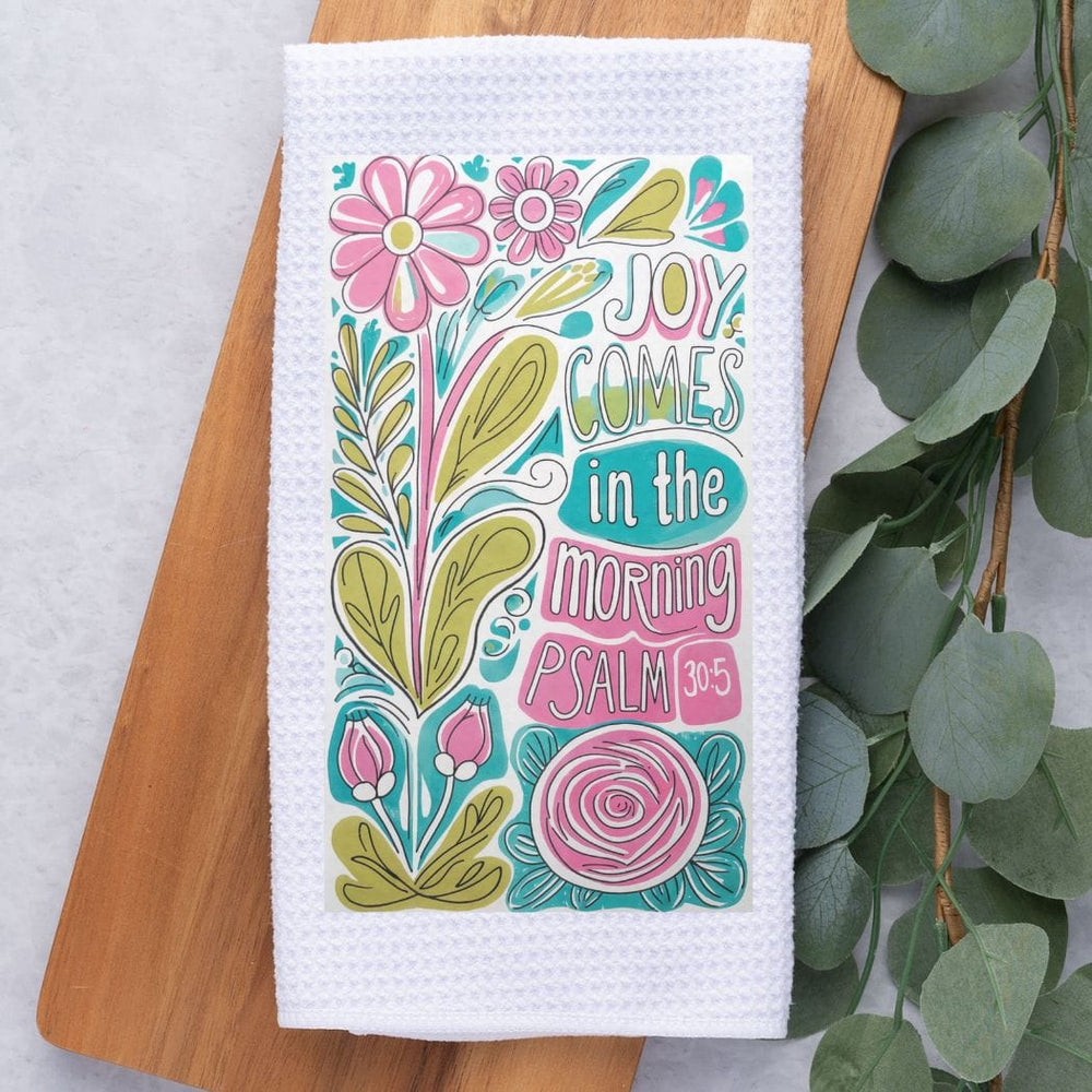 Joy Comes Floral Waffle Weave Microfiber Tea Towel – 16" x 24" Kitchen Decor