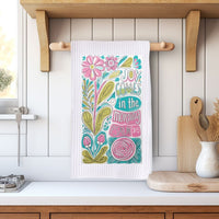 Joy Comes Floral Waffle Weave Microfiber Tea Towel – 16" x 24" Kitchen Decor