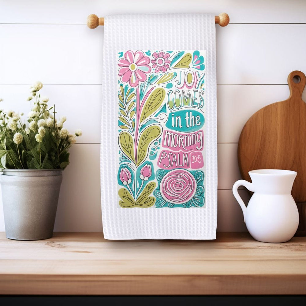 Joy Comes Floral Waffle Weave Microfiber Tea Towel – 16" x 24" Kitchen Decor
