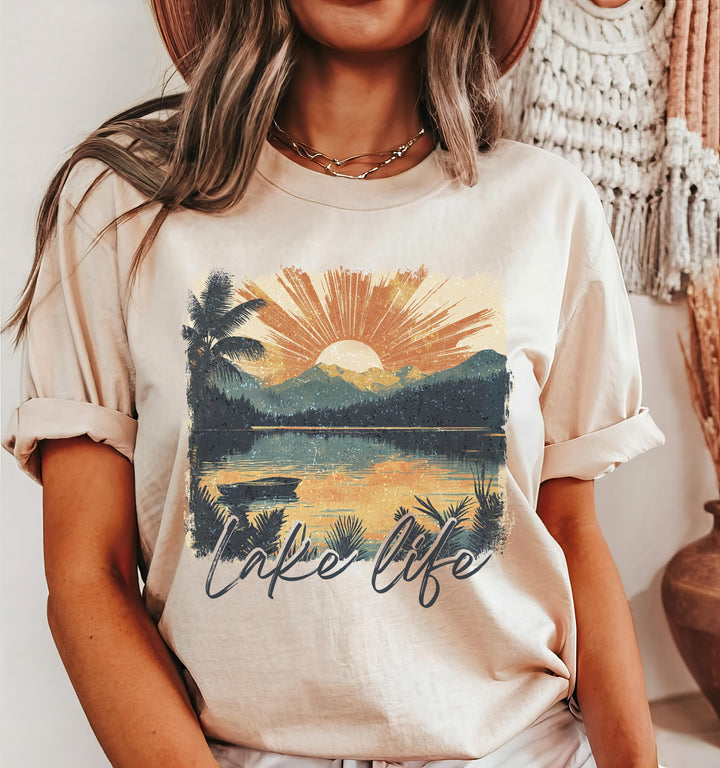 Lake Life Sunset Graphic Tee – Vintage Lake Scene Shirt – SE117