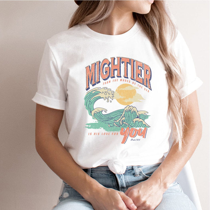 Mightier Than the Waves Tee – Christian Retro Wave Graphic T-Shirt - SE106