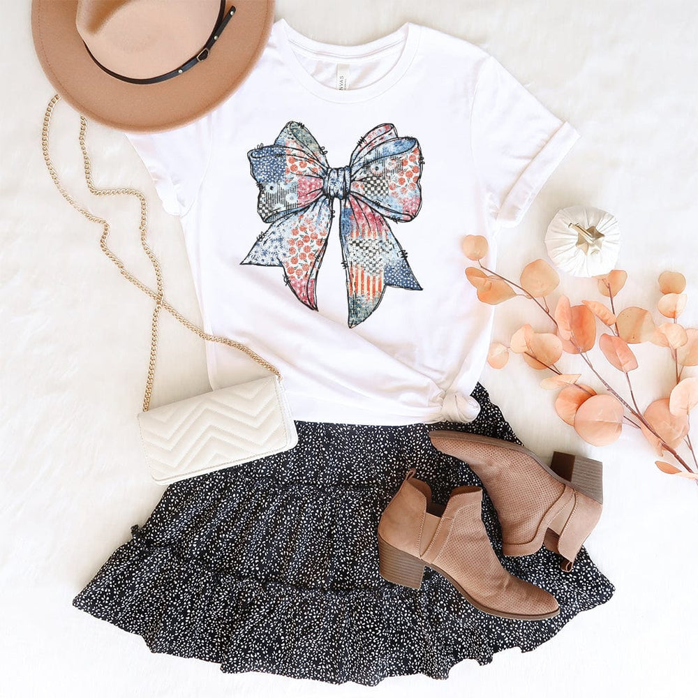 Patriotic Patchwork Bow Tee – Vintage Americana Fourth of July Graphic T-Shirt - WE505