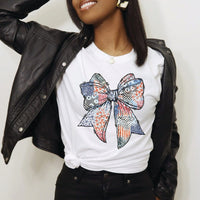 Patriotic Patchwork Bow Tee – Vintage Americana Fourth of July Graphic T-Shirt - WE505