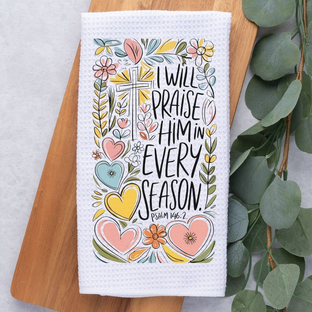 Praise Him Floral Waffle Weave Microfiber Tea Towel – 16" x 24" Kitchen Decor