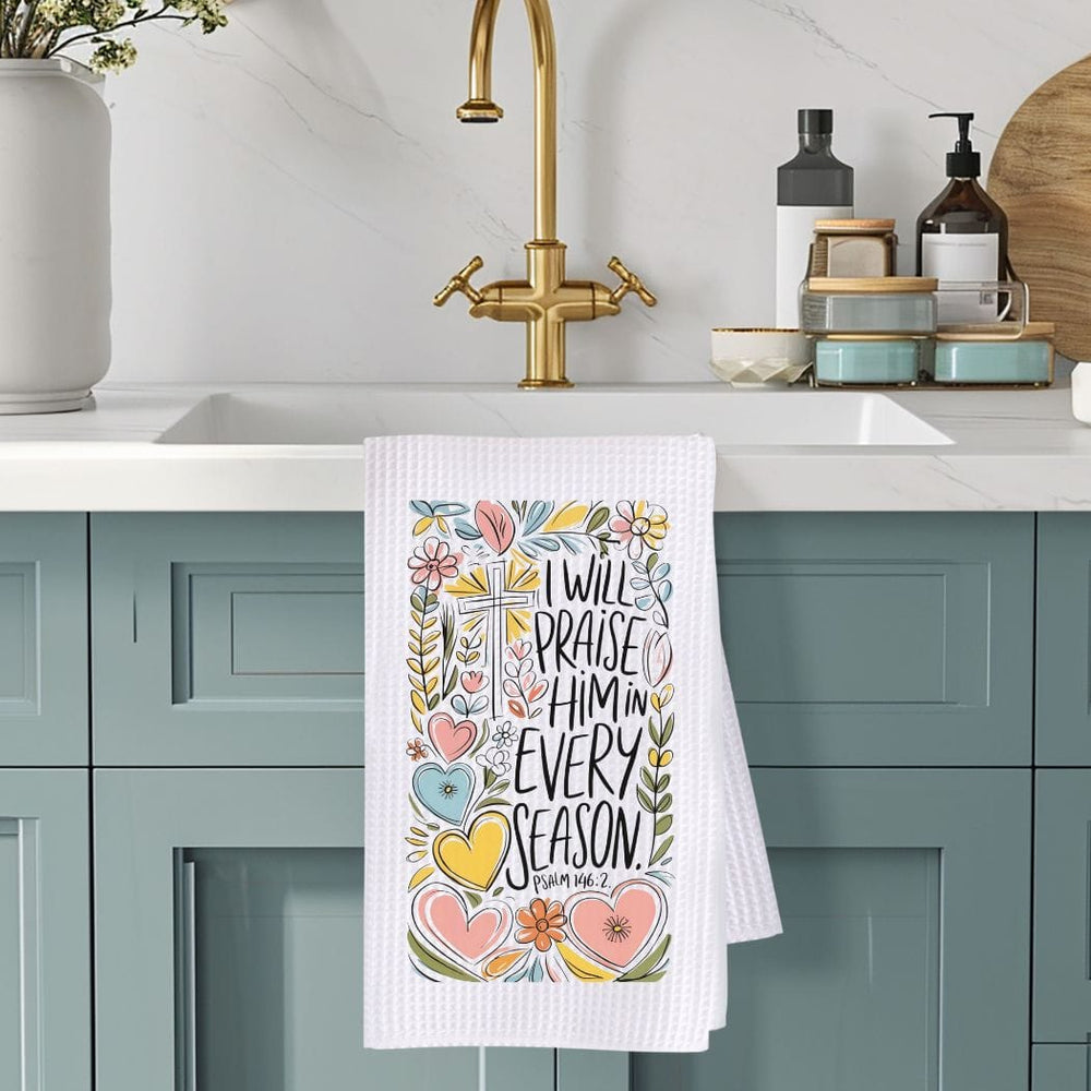 Praise Him Floral Waffle Weave Microfiber Tea Towel – 16" x 24" Kitchen Decor