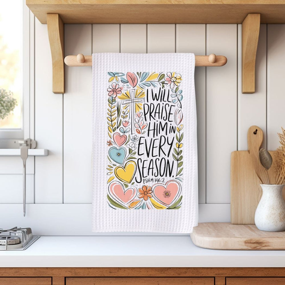 Praise Him Floral Waffle Weave Microfiber Tea Towel – 16" x 24" Kitchen Decor