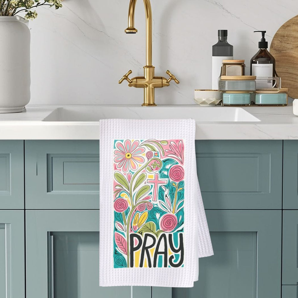 Pray Floral Waffle Weave Microfiber Tea Towel – 16" x 24" Kitchen Decor