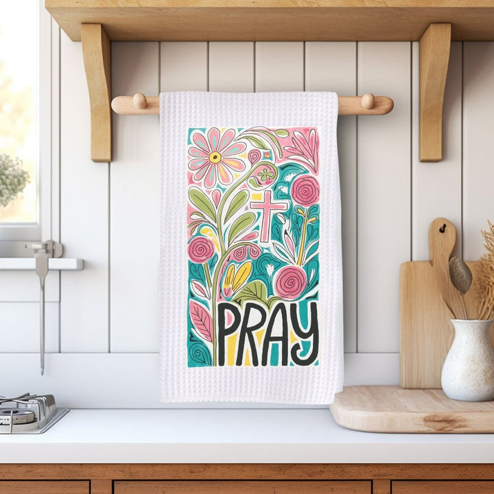 Pray Floral Waffle Weave Microfiber Tea Towel – 16" x 24" Kitchen Decor