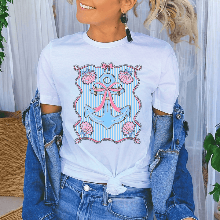 Preppy Anchor Coastal Tee – Nautical Bow & Seashell Shirt – Girly Beach Graphic T-Shirt - SE120