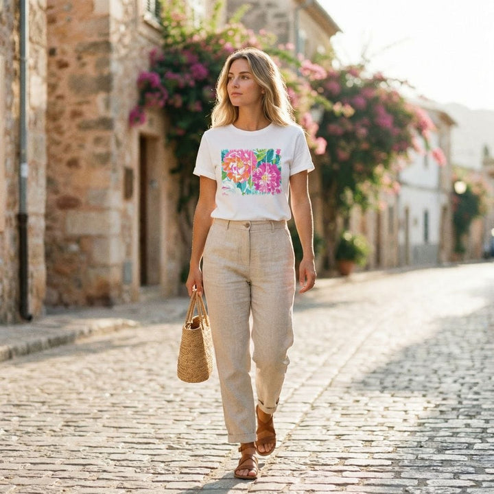 Bold Floral Brushstroke Tee – Colorful Peony Art Graphic T-Shirt - SE102