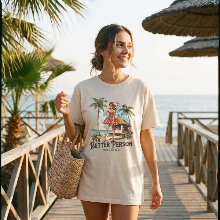 I’m a Better Person When I’m Tan Graphic Tee – Vintage Beach Pin-Up Shirt – Summer Vacation T-Shirt  - SE111