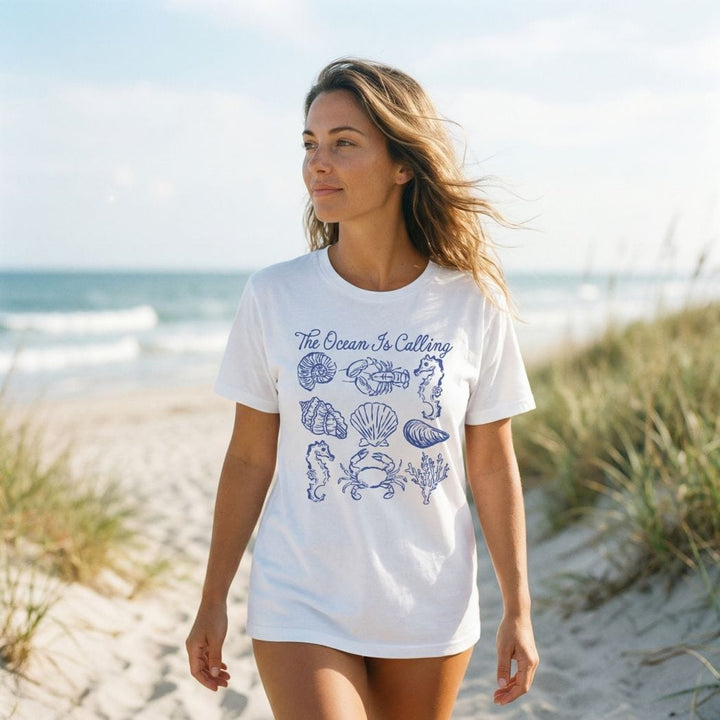 The Ocean Is Calling Graphic Tee – Coastal Seashell Shirt – Beach Lover Nautical T-Shirt - SE119