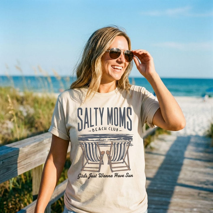 Salty Moms Beach Club Tee – Funny Coastal Mom Shirt – Summer Beach Graphic T-Shirt - SE122