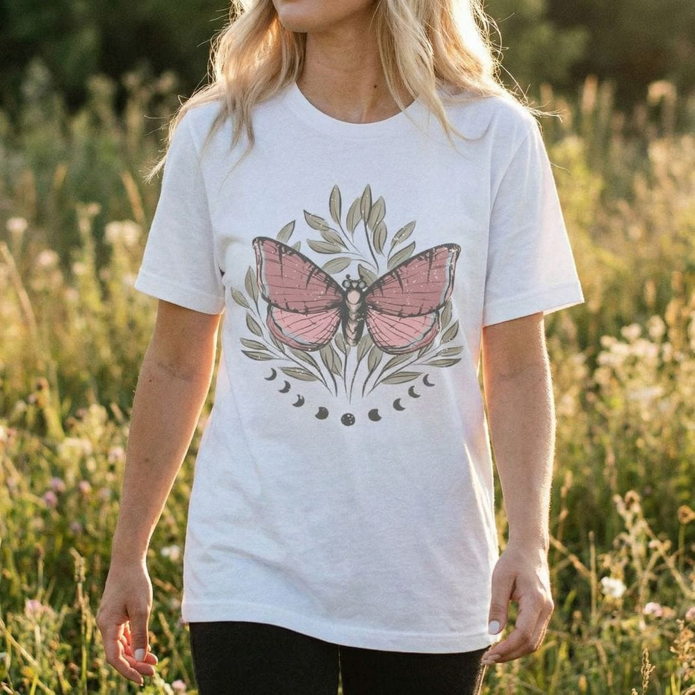 Rockledge Designs LLC Shirts & Tops Mystic Butterfly Graphic Tee – Boho Moon Phase Nature Shirt - SP119 Mystic Butterfly Graphic Tee – Boho Moon Phase Nature Shirt - SP119