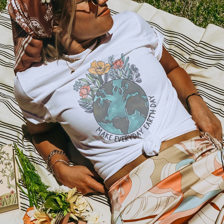 Make Every Day Earth Day Graphic Tee – Floral Earth Planet Eco Shirt - SP130