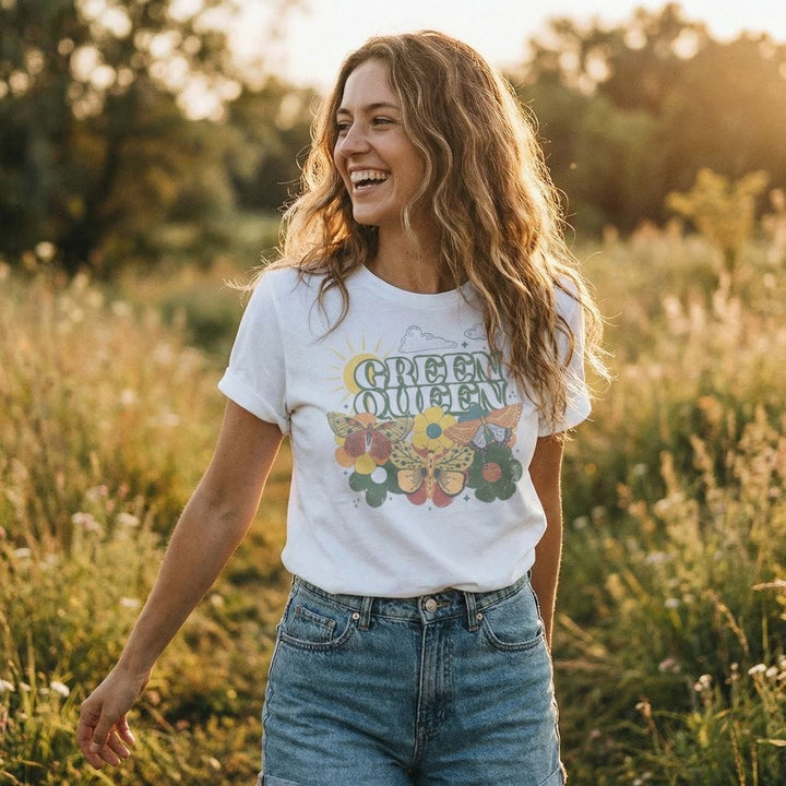 Green Queen Retro Eco Graphic Tee – Nature Lover Butterfly T-Shirt - SP132