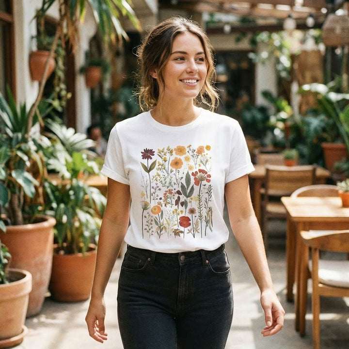 Vintage Pressed Flowers Tee –Cottagecore Floral Graphic Shirt for Nature Lovers - SP423