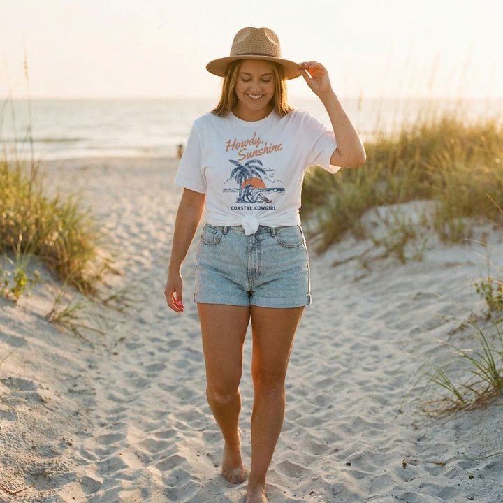 Howdy Sunshine Coastal Cowgirl Tee – Western Beach Graphic Shirt - SU306