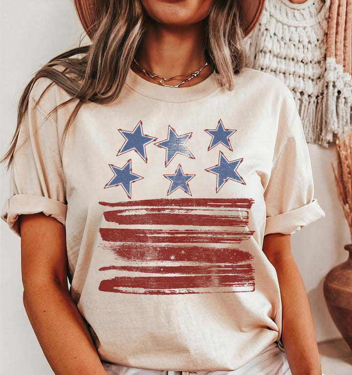 Stars & Stripes Brushstroke Tee – Vintage USA Patriotic Flag Graphic T-Shirt - WE501