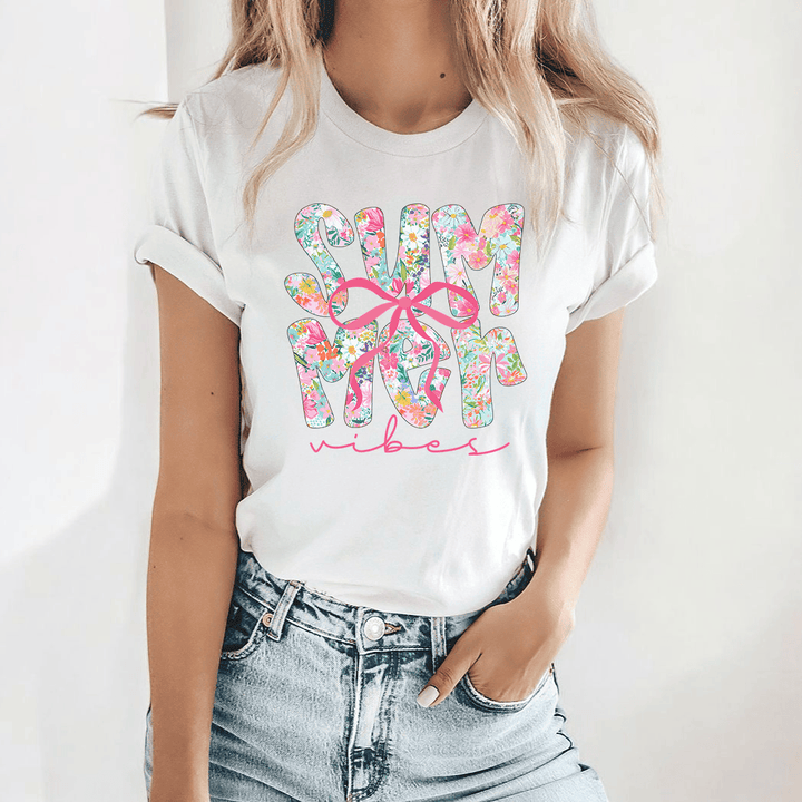 Summer Vibes Floral Bow Tee – Coquette Style Graphic Shirt – Cute Preppy Summer T-Shirt - SE127