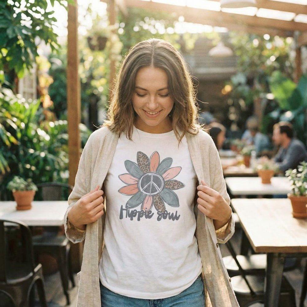 Rockledge Designs LLC Shirts & Tops Hippie Soul Peace Daisy T-Shirt – Boho Retro Flower Tee with Leopard Petals - TY167 Hippie Soul Peace Daisy T-Shirt – Boho Retro Flower Tee with Leopard Petals - TY167