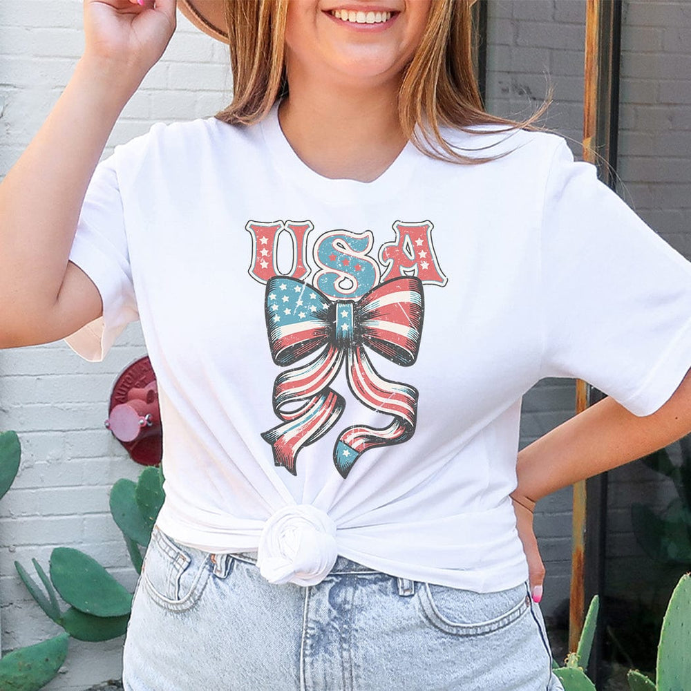 USA Vintage Bow Tee – Patriotic Retro American Flag Bow T-Shirt - WE404