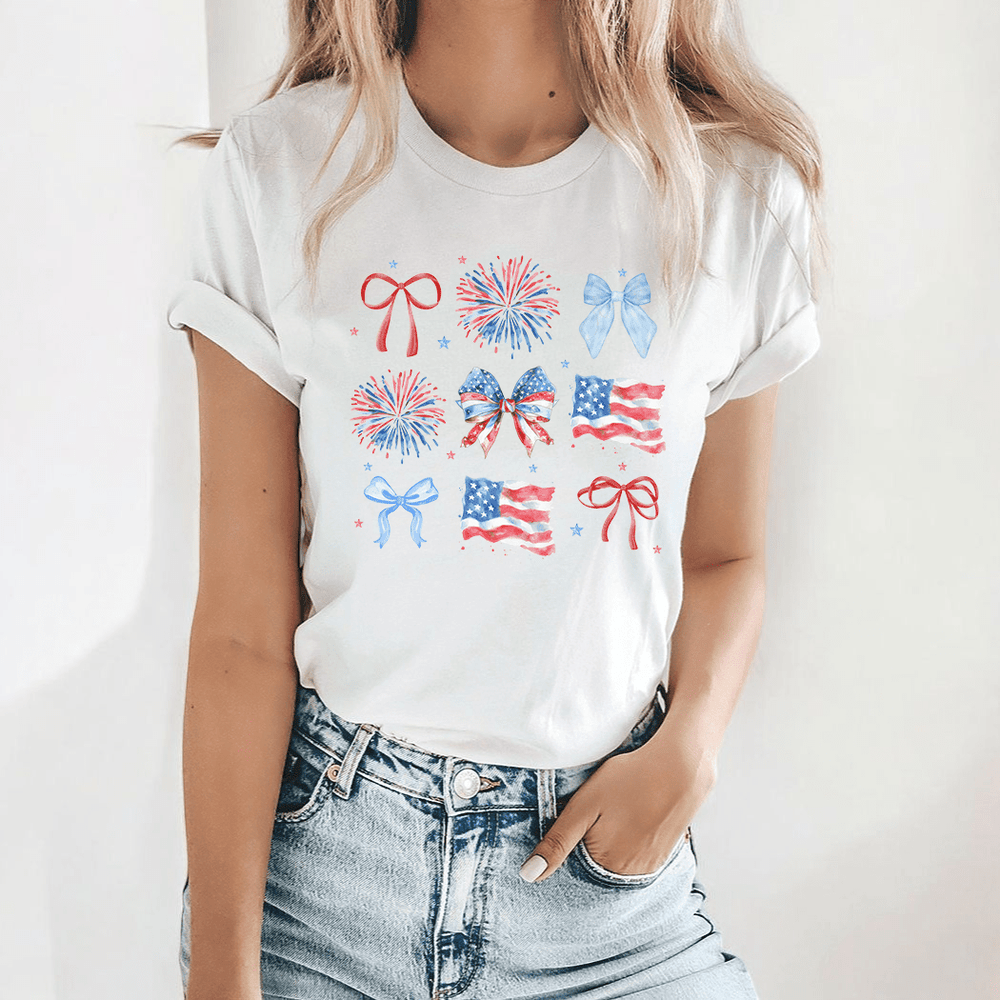 Coquette USA Tee – Patriotic Bows & Fireworks Fourth of July Graphic T-Shirt - WE504