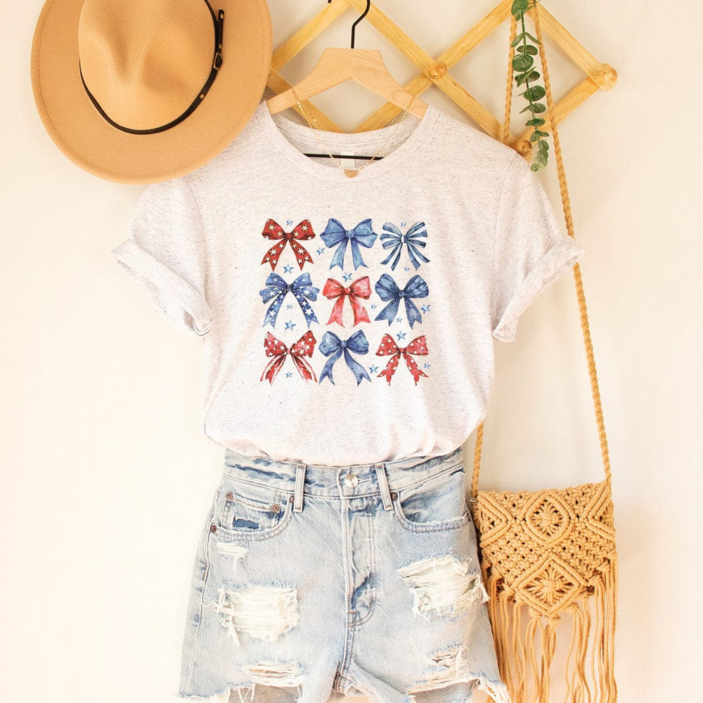 Patriotic Bow Tee – Red, White & Blue Coquette Bows 4th of July T-Shirt - WE406