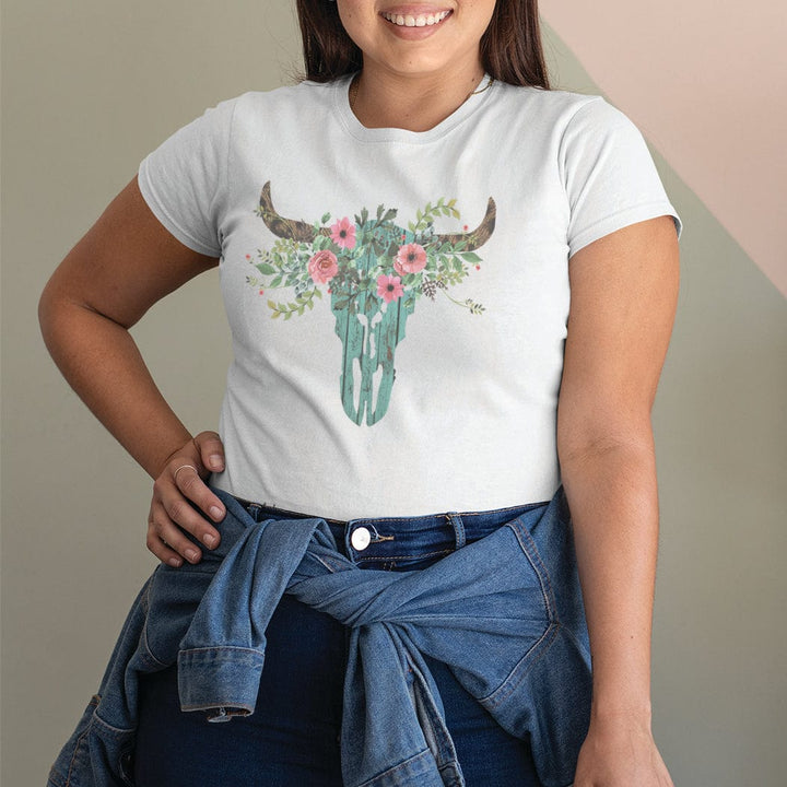 Floral Cow Skull Graphic Tee – Western Boho Vintage Style T-Shirt - WE125