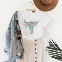 Floral Cow Skull Graphic Tee – Western Boho Vintage Style T-Shirt - WE125