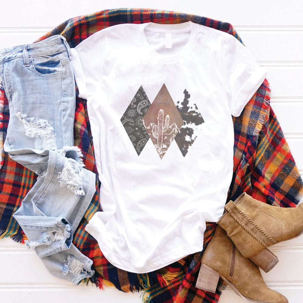 Western Cowhide Diamond Desert Tee – Boho Cactus Graphic T-Shirt - WE169