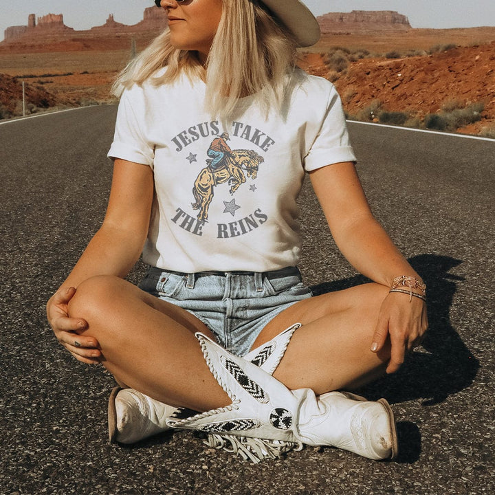 Jesus Take the Reins Western Christian Tee – Vintage Rodeo Graphic Shirt - WE203