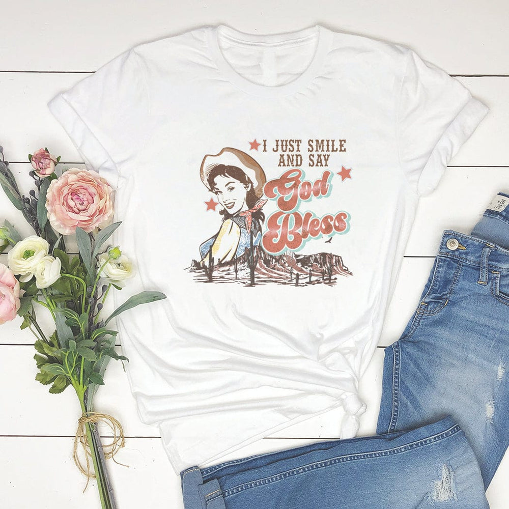 “God Bless” Retro Cowgirl Graphic Tee – Western Vintage Style T-Shirt - WE214