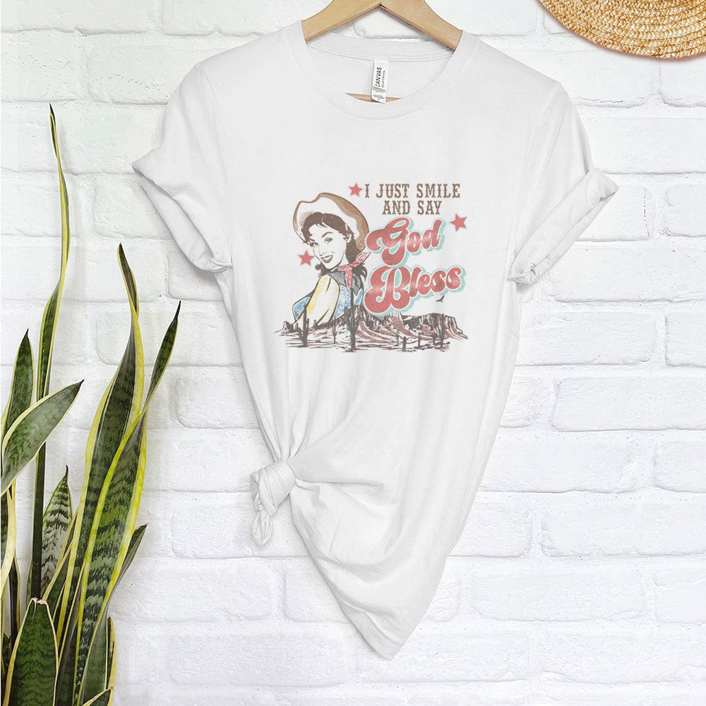 “God Bless” Retro Cowgirl Graphic Tee – Western Vintage Style T-Shirt - WE214