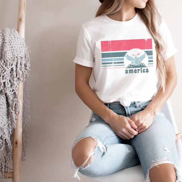 Rockledge Designs LLC Shirts & Tops America Eagle Retro Stripes Tee – Vintage Patriotic Graphic T-Shirt - NA157 America Eagle Retro Stripes Tee – Vintage Patriotic Graphic T-Shirt - NA157