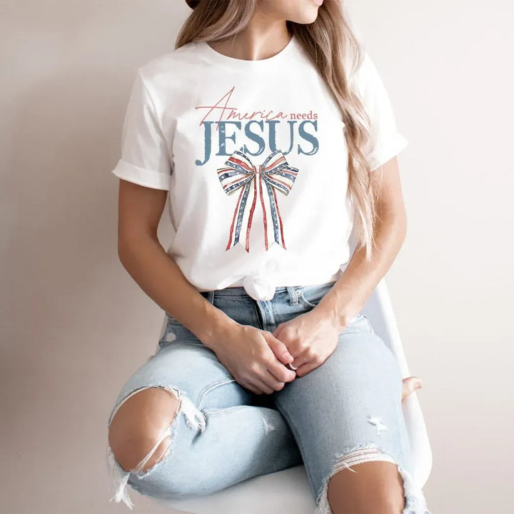 Rockledge Designs LLC Shirts & Tops America Needs Jesus Tee – Patriotic Christian Bow T-Shirt - WE401 America Needs Jesus Tee – Patriotic Christian Bow T-Shirt - WE401