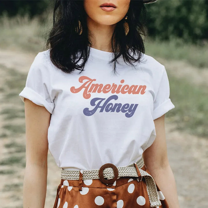 Rockledge Designs LLC Shirts & Tops American Honey Retro Patriotic Graphic T-Shirt - TY149 American Honey Retro Patriotic Graphic T-Shirt - TY149